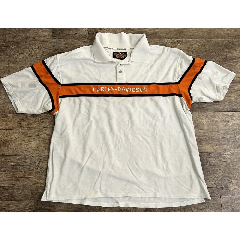 Harley Davidson Embrodiered Polo 2XL White & Orange Baggy Oversized Streetwear